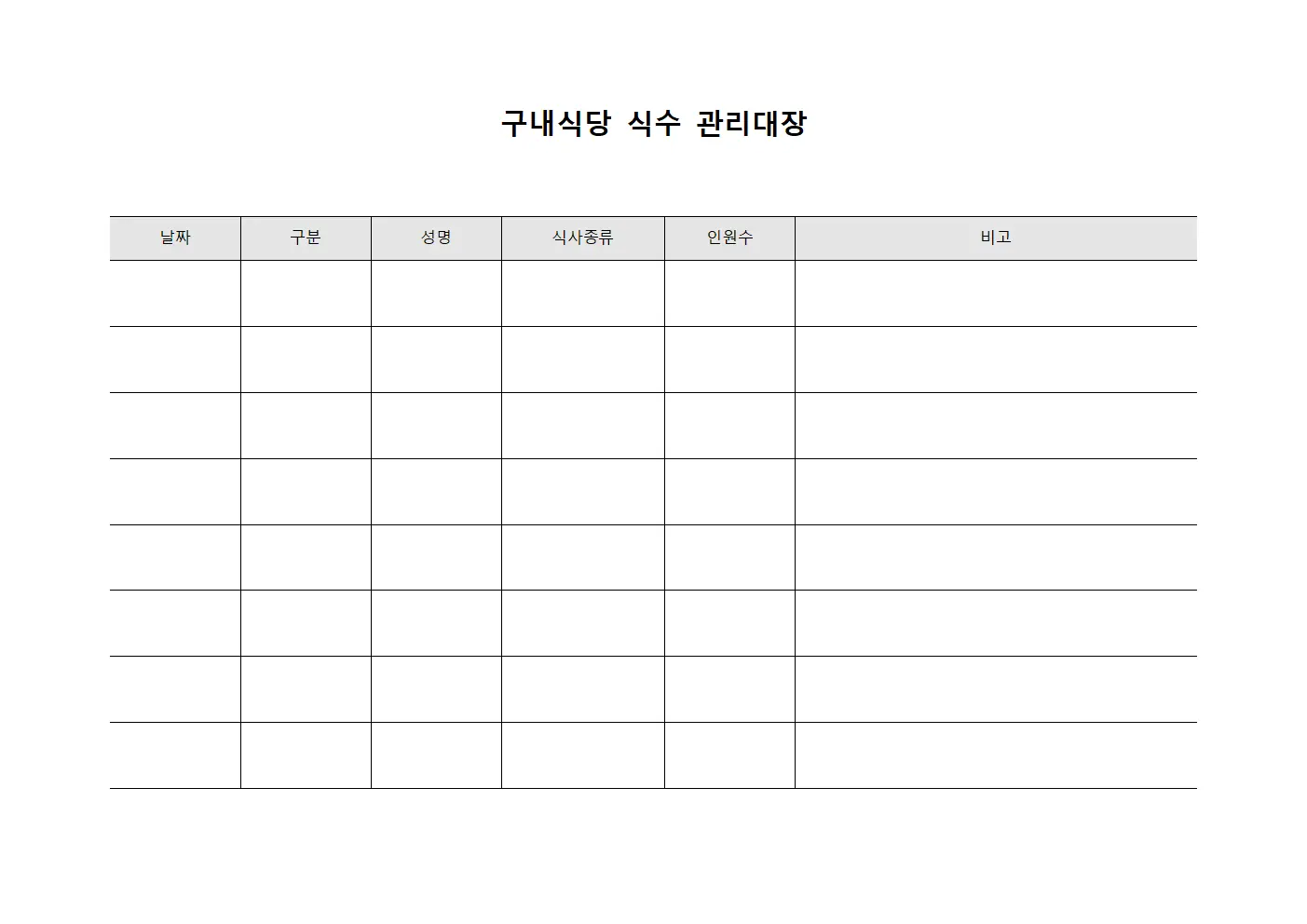 구내식당 식수 관리대장