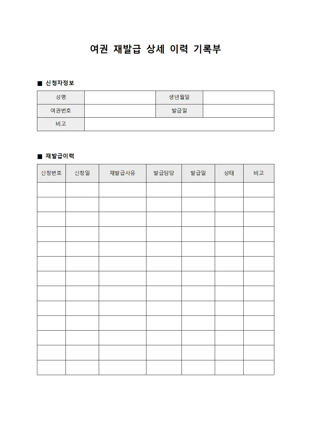 여권 재발급 상세 이력 기록부
