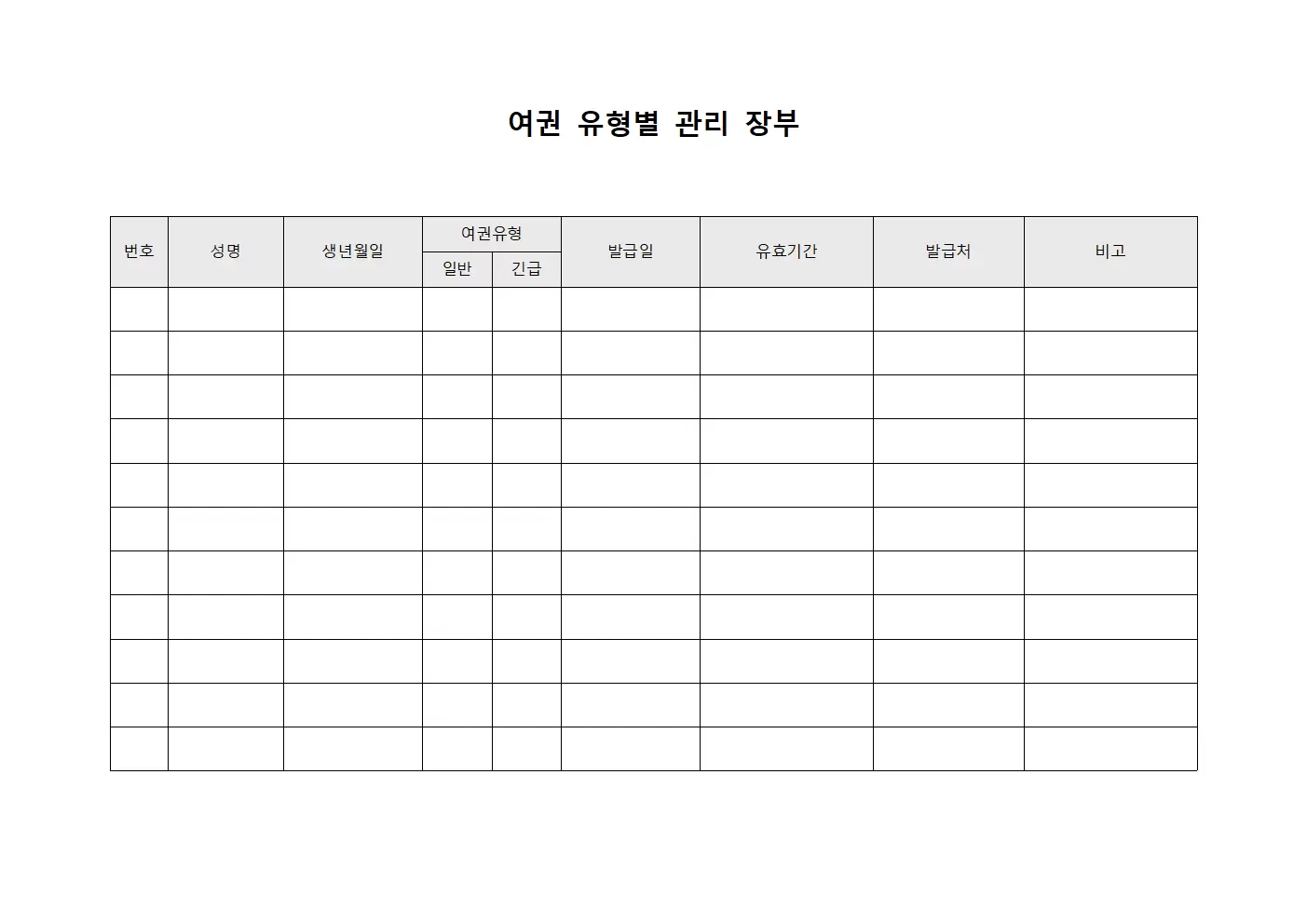 여권 유형별 관리 장부 문서양식