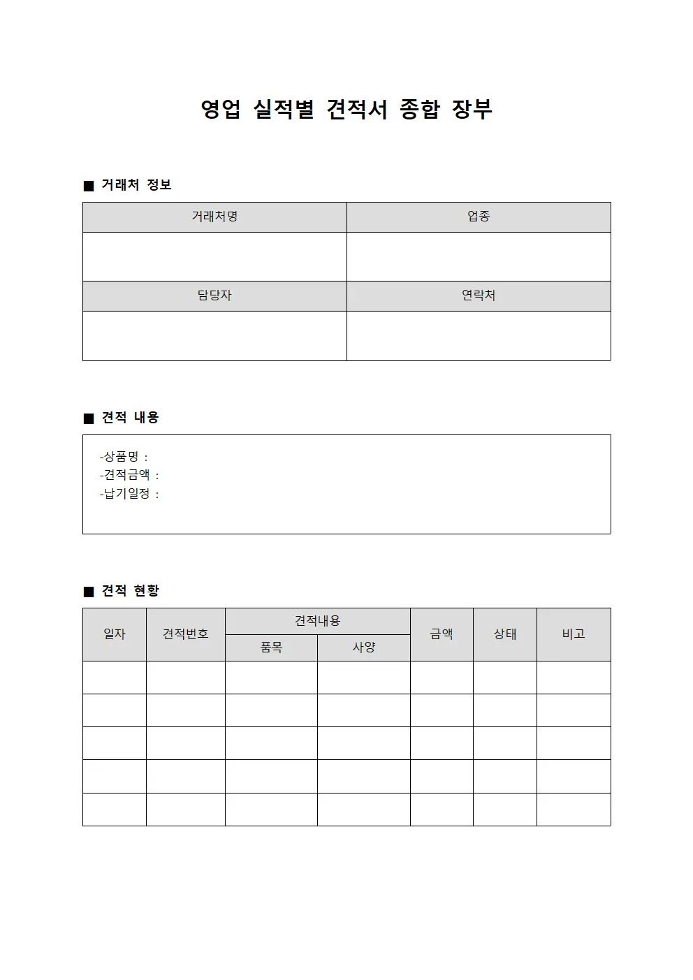 영업 실적별 견적서 종합 장부