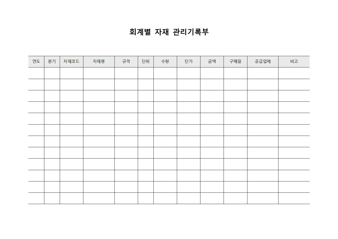 회계별 자재 관리기록부
