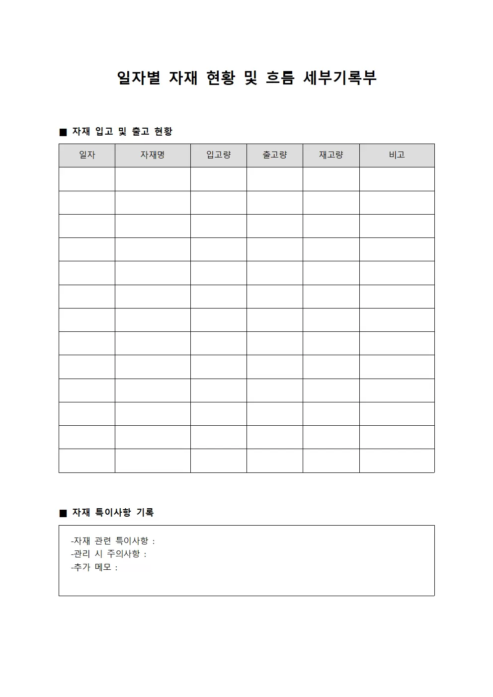 일자별 자재 현황 및 흐름 세부기록부