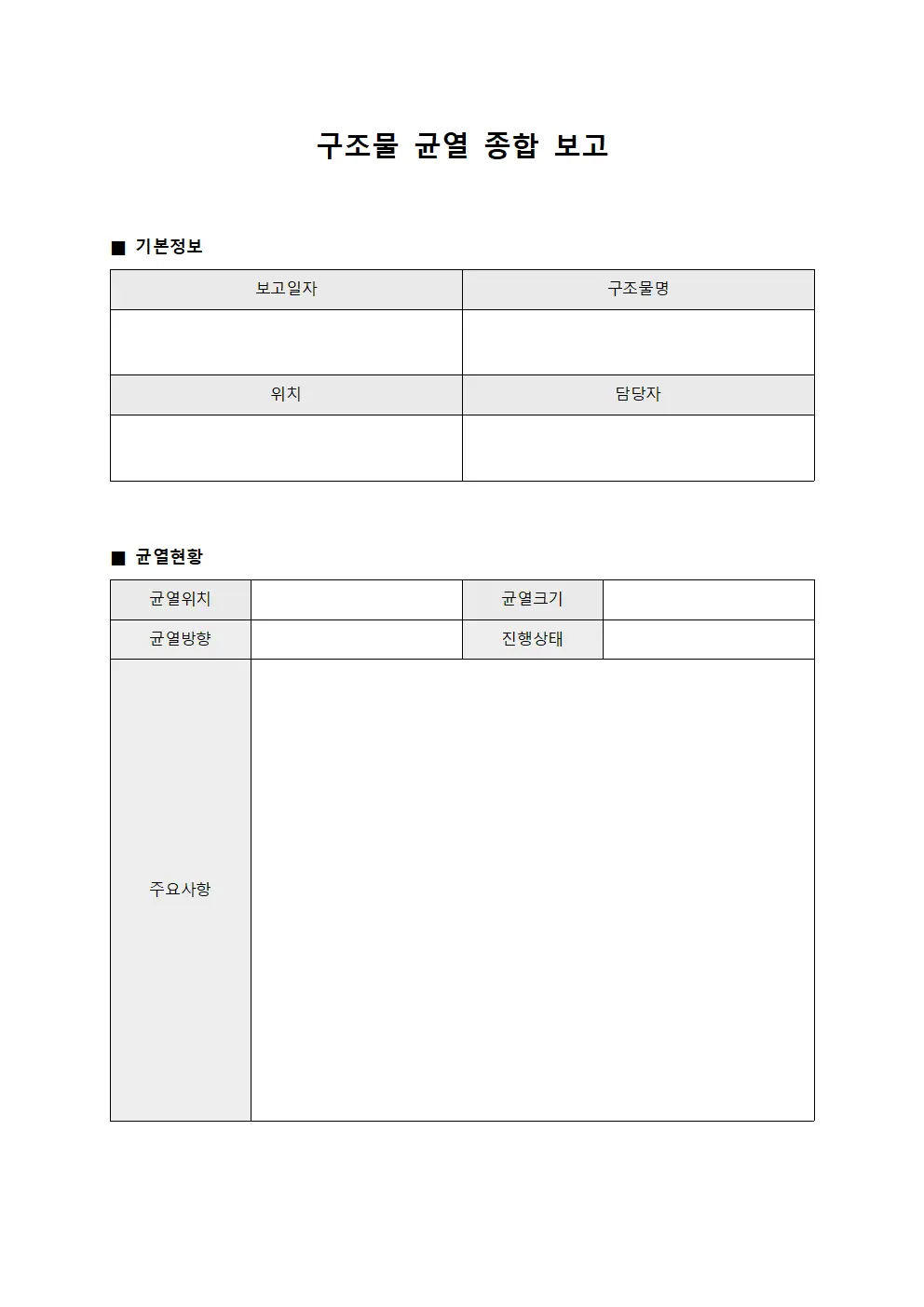 구조물 균열 종합 보고 서식