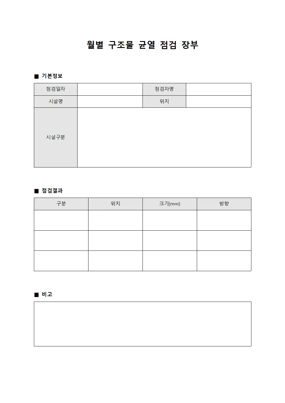 월별 구조물 균열 점검 장부