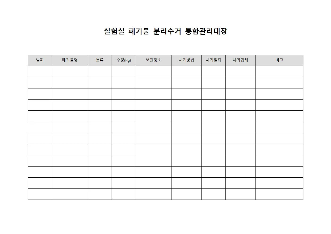 실험실 폐기물 분리수거 통합관리대장 양식문서