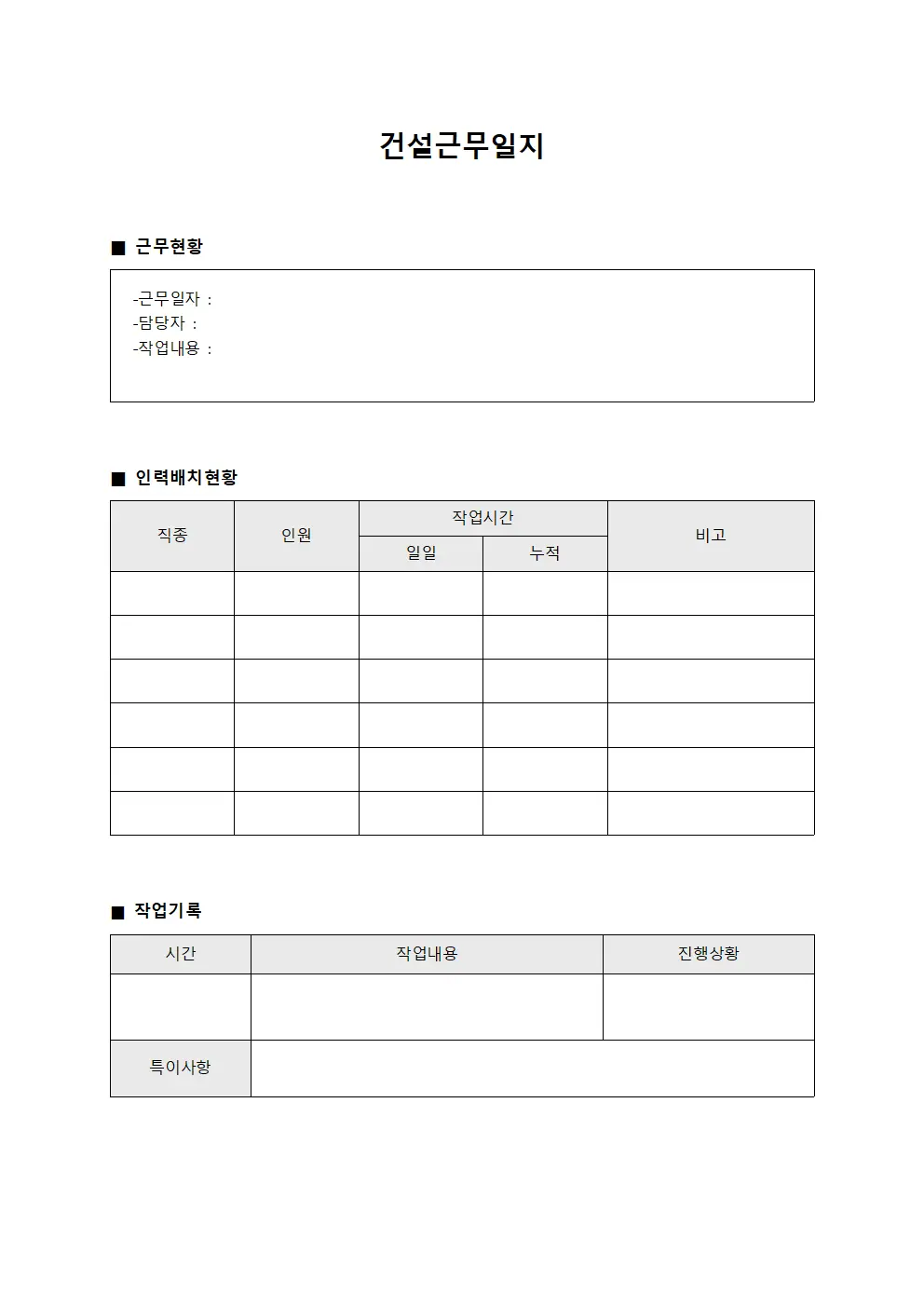 건설근무일지 - 인력 배치 현황