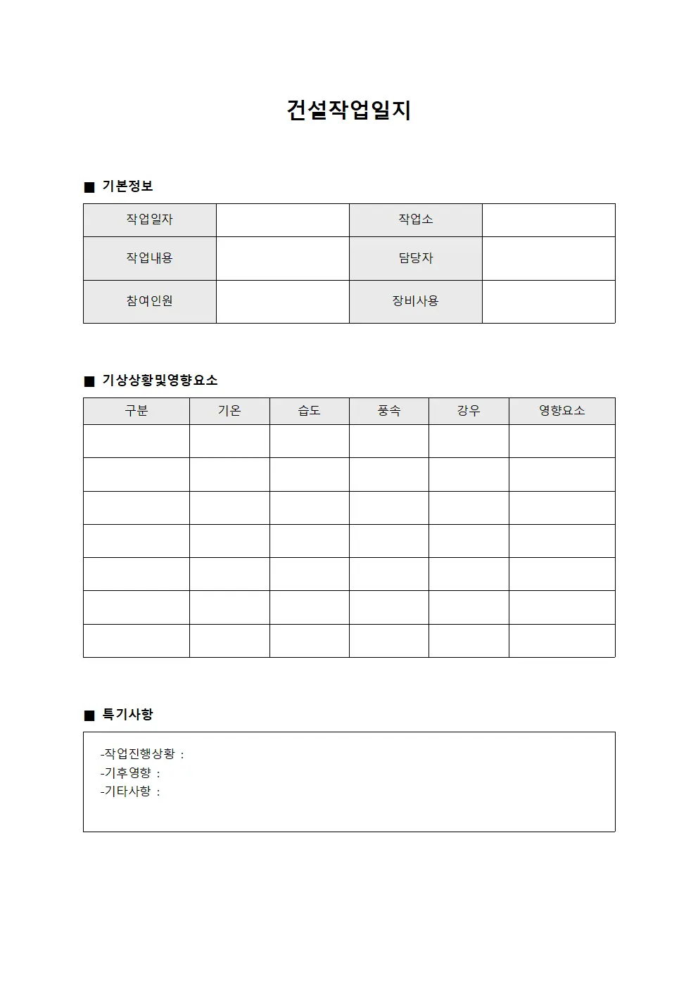 건설작업일지 - 기상 상황 및 영향 요소