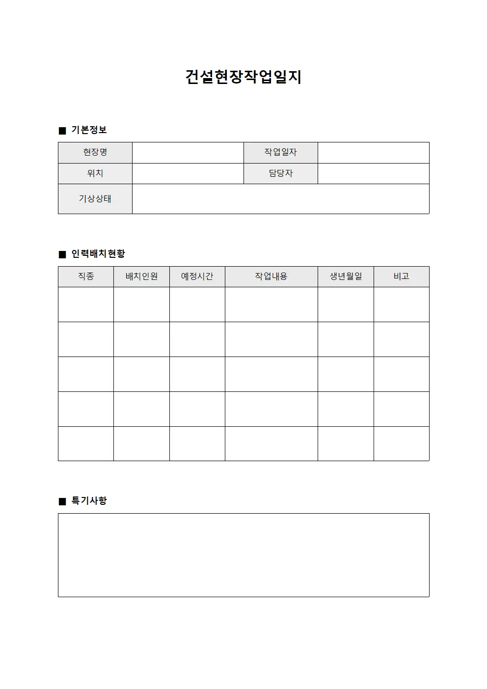 건설현장작업일지 - 인력 배치 현황