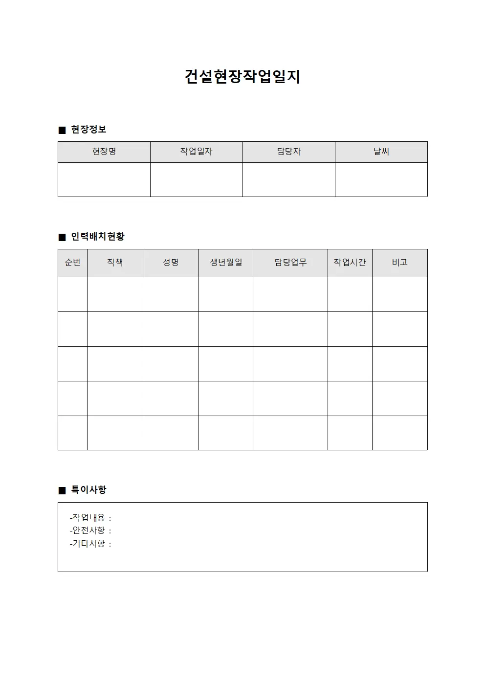 건설현장작업일지 - 현장 인력 배치
