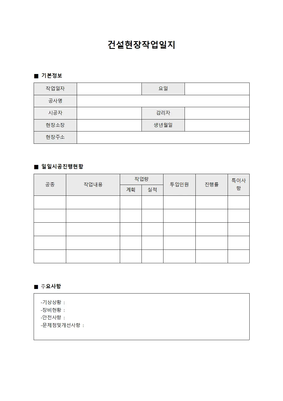 건설현장작업일지 (일일 시공 진행률)