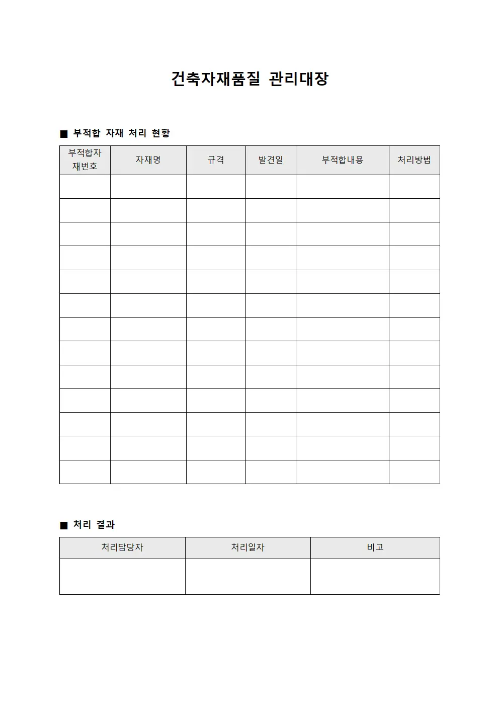 건축자재품질 관리대장 - 부적합 자재 처리 현황