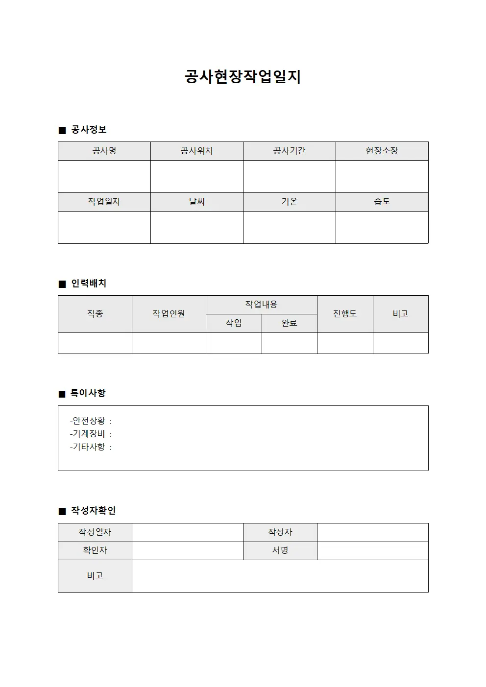 인력배치 현황보고서 공사현장작업일지