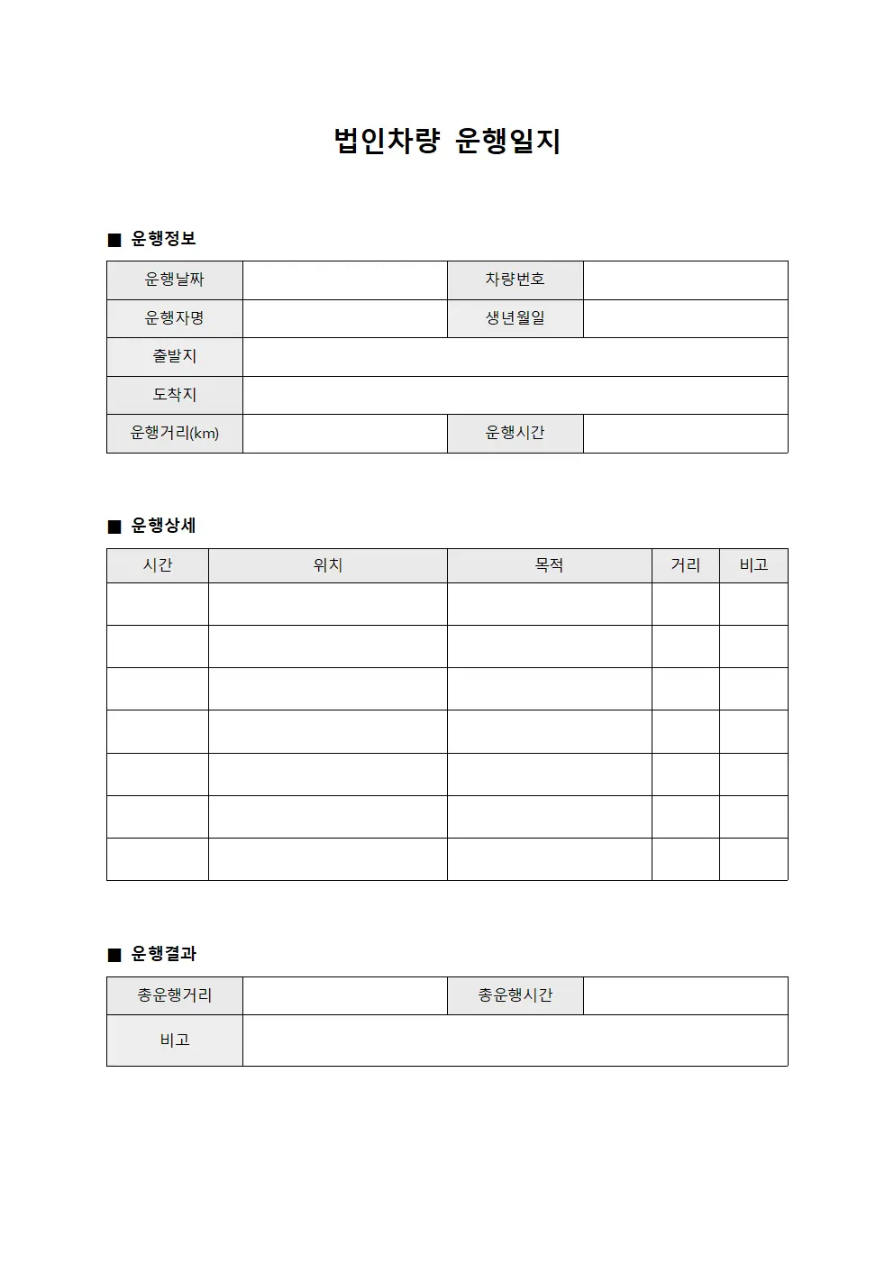 일일현장방문 법인차량운행일지