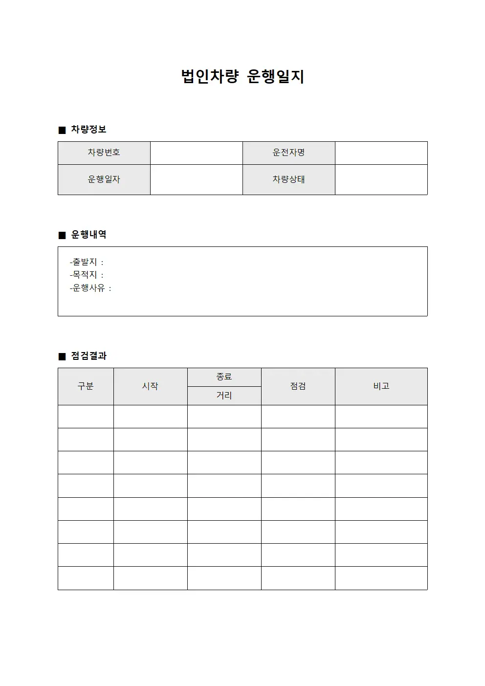 차량 운행일지 현장 점검 결과표 문서서식