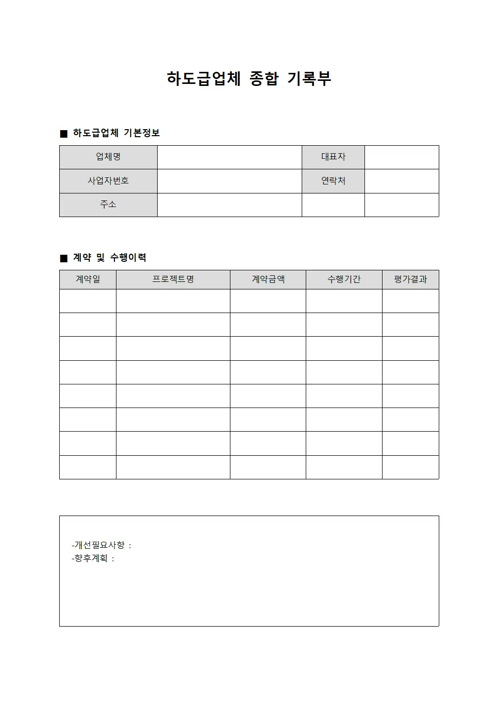 하도급업체 종합 기록부