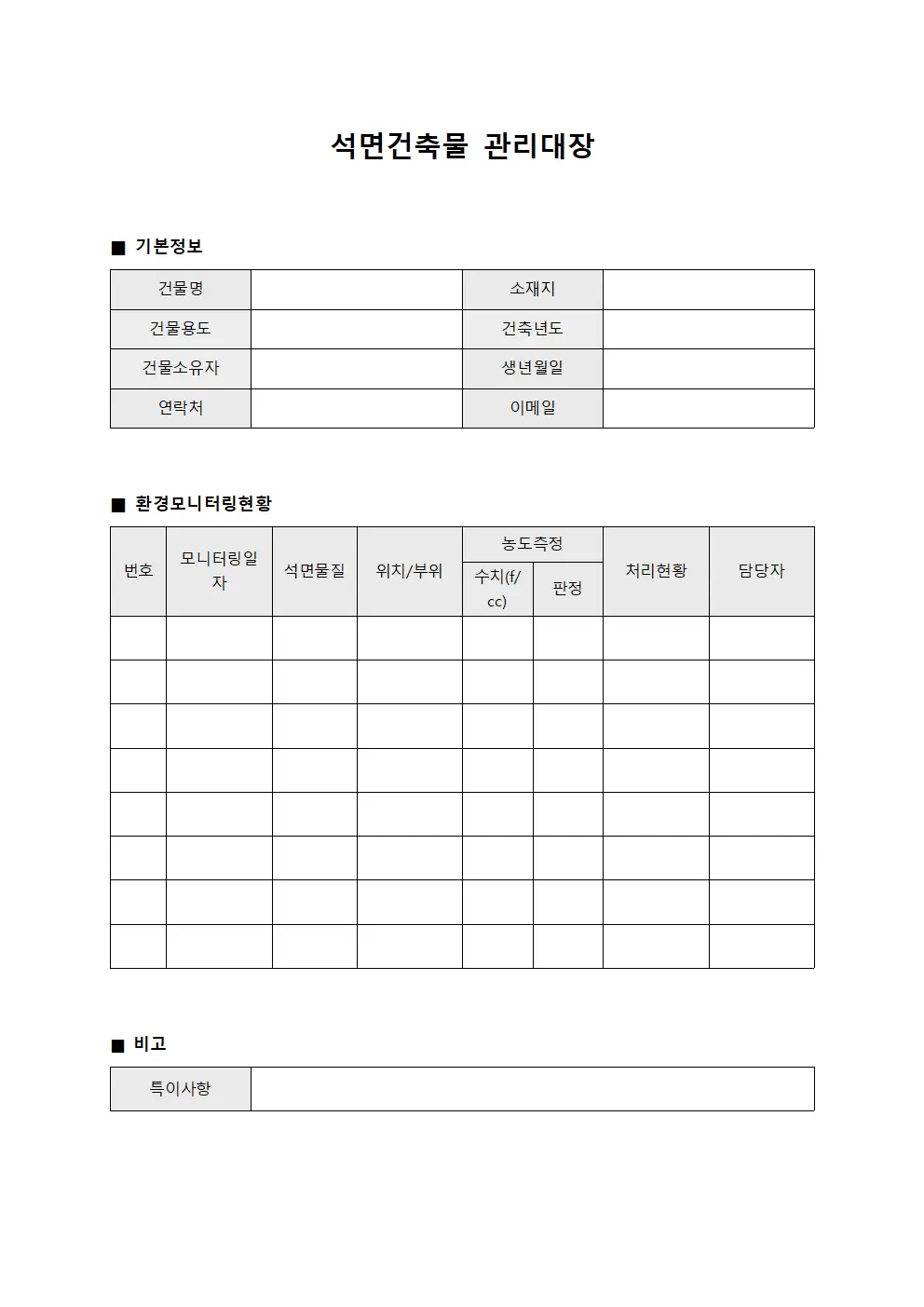 석면건축물관리대장 - 환경모니터링현황