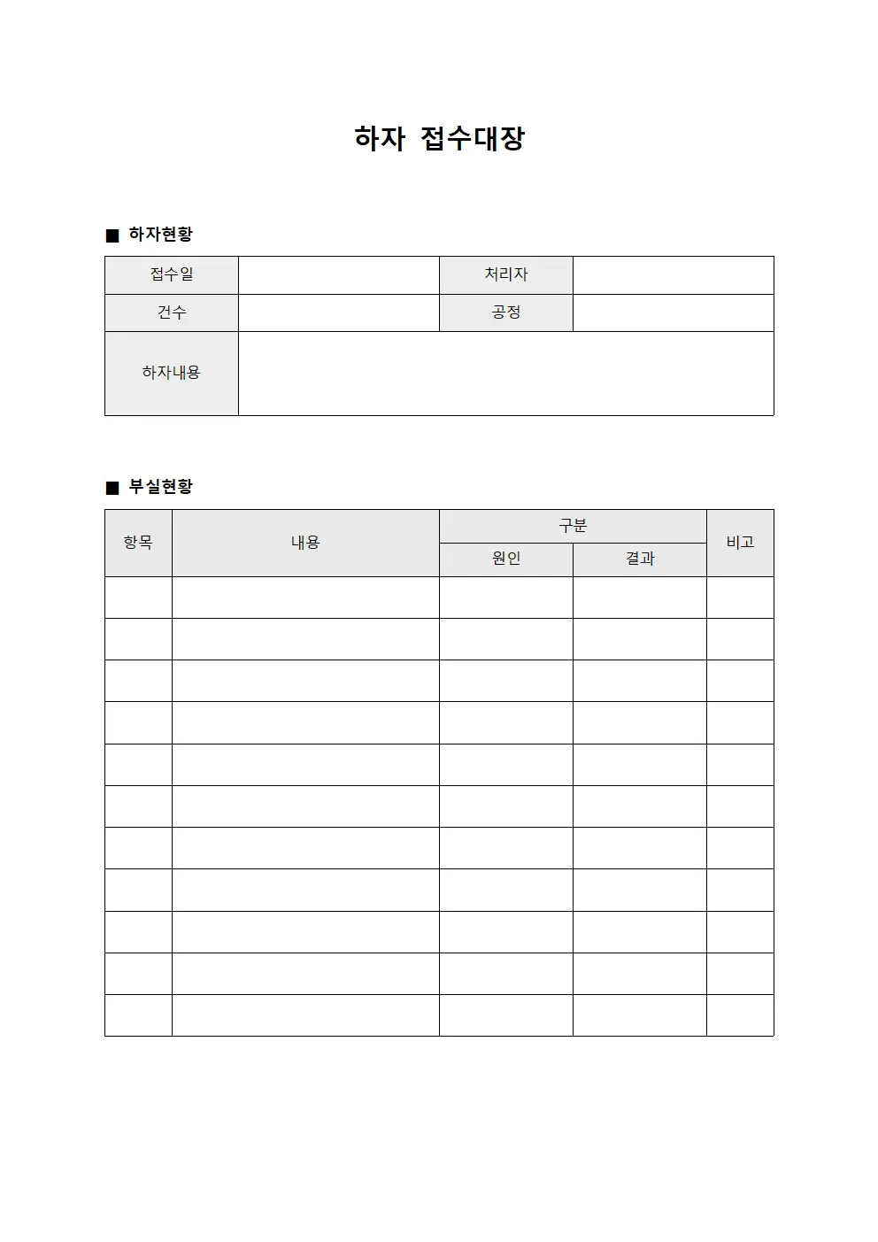 하자접수대장 (공정별부실현황)