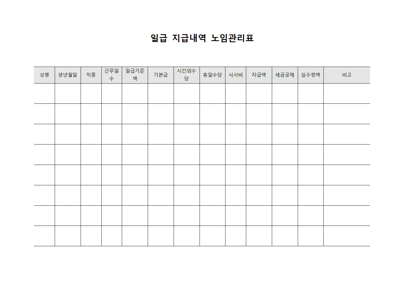 일급 지급내역 노임관리표