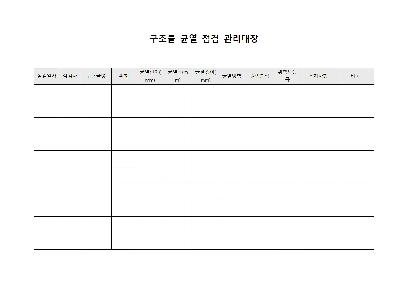 구조물 균열 점검 관리대장