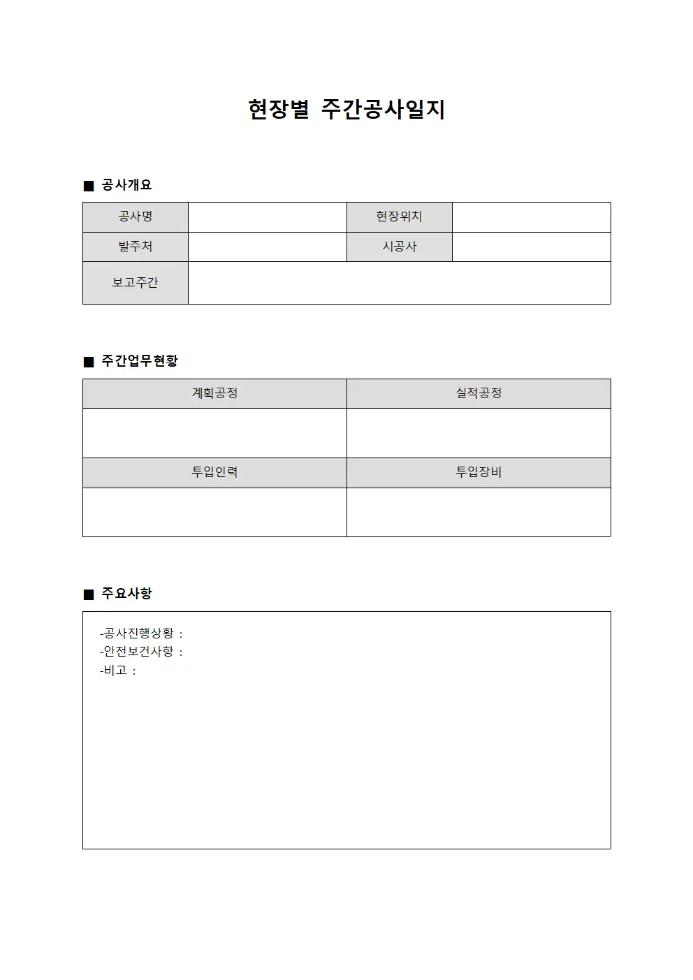현장별 주간공사일지 양식파일