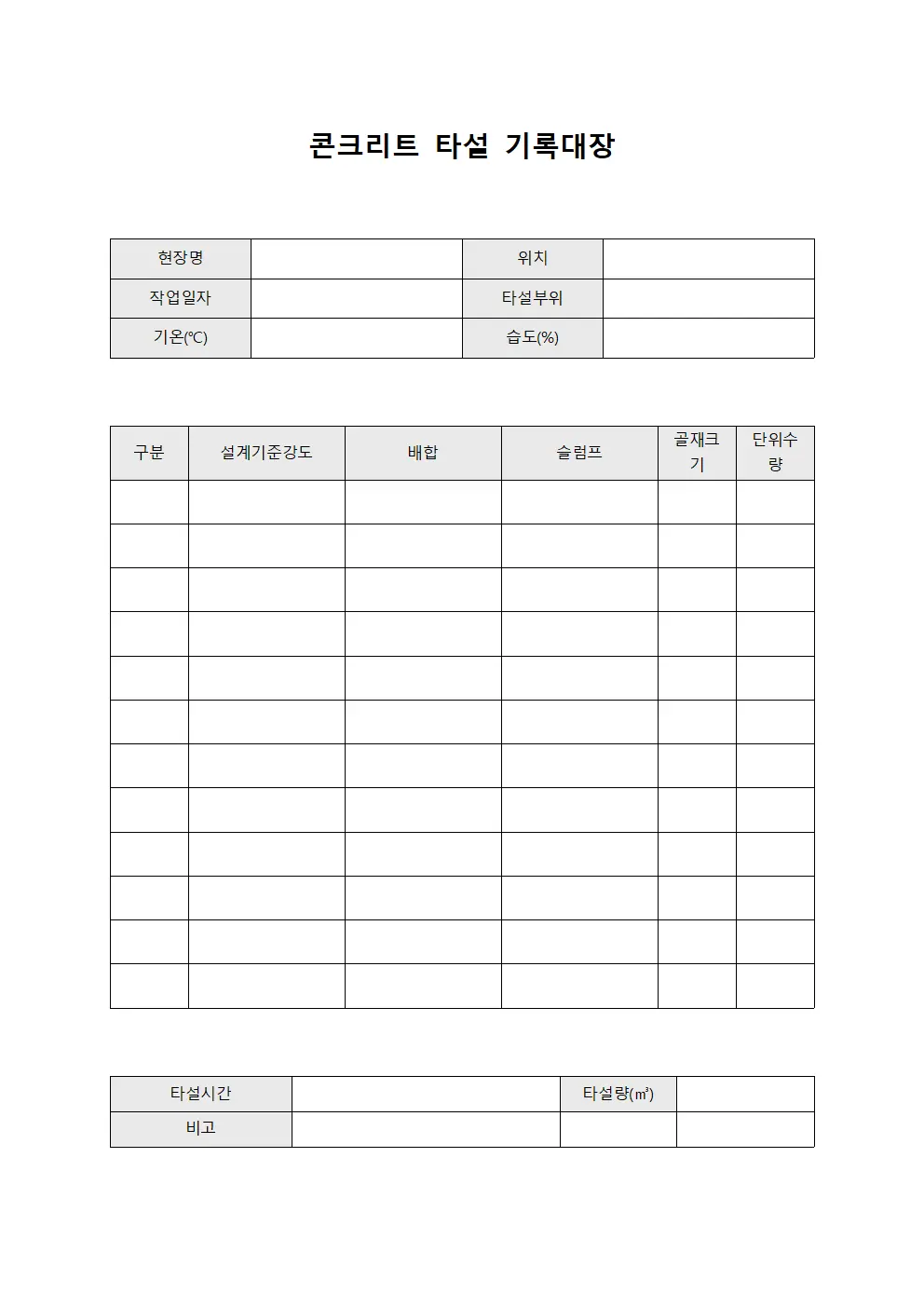콘크리트 타설 기록대장 양식.서식