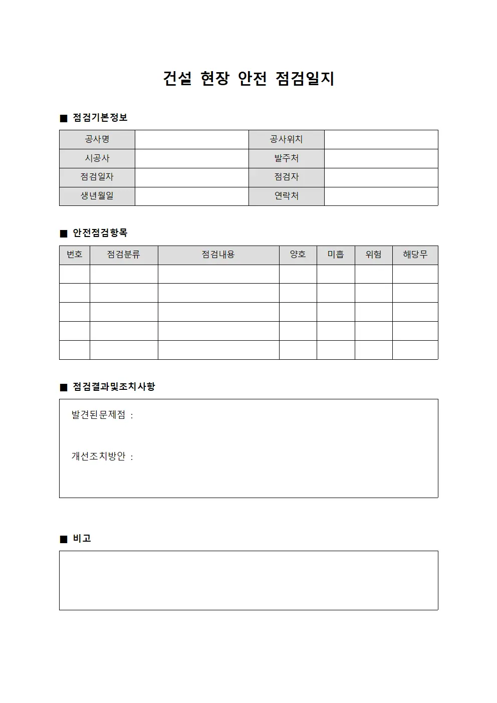 건설 현장 안전 점검일지 양식문서