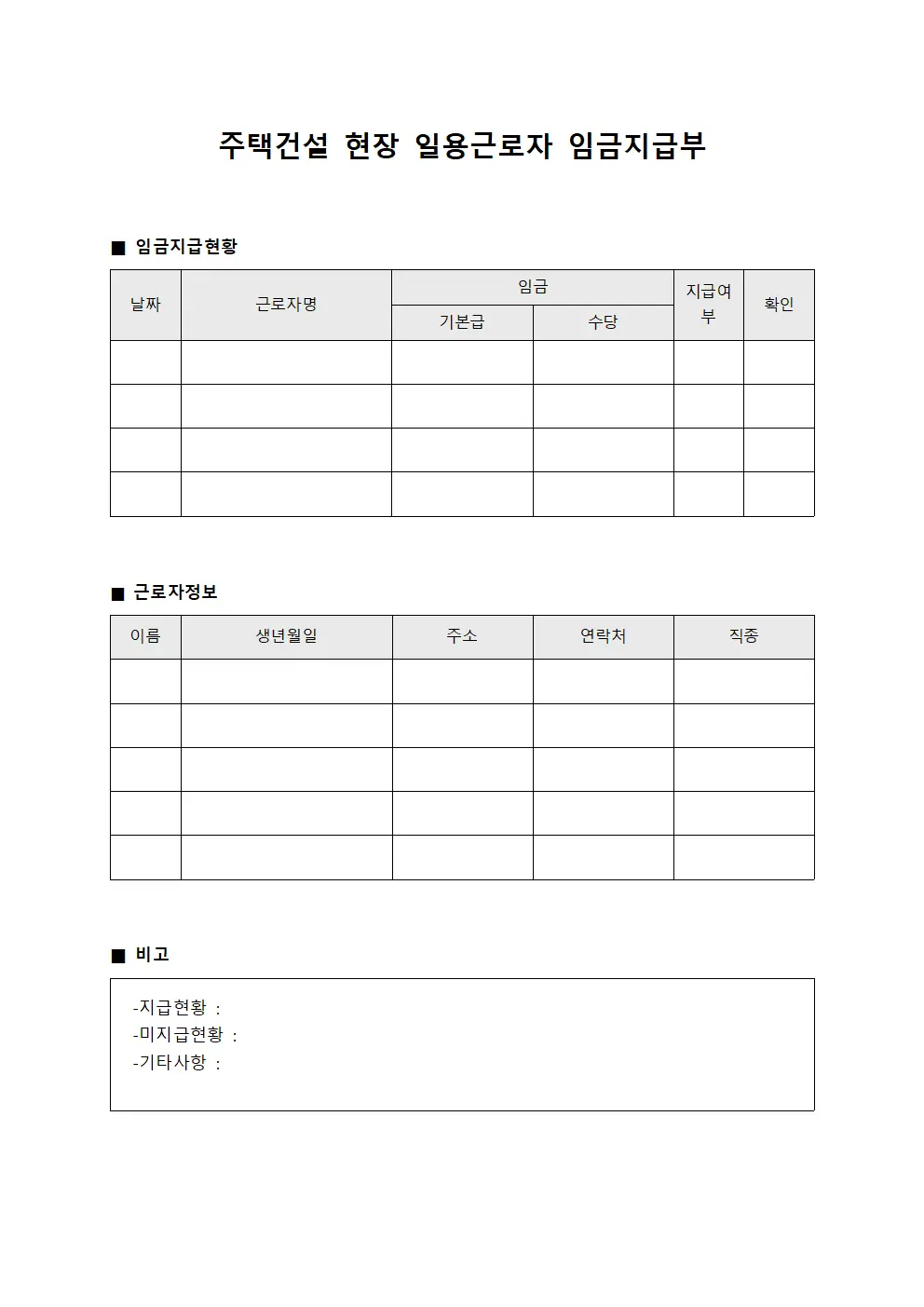 주택건설 현장 일용근로자 임금지급부 서식문서