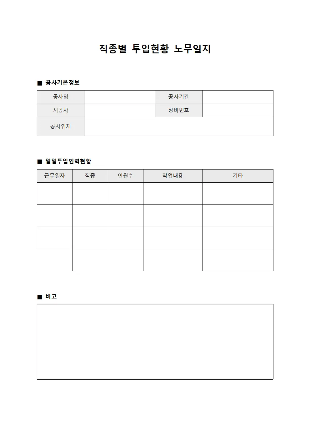 직종별 투입현황 노무일지 문서양식