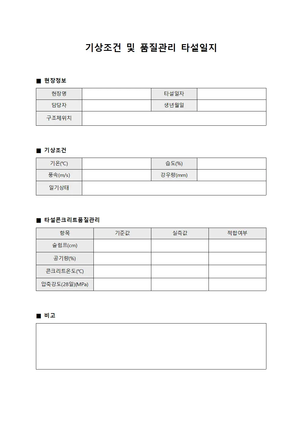 기상조건 및 품질관리 타설일지