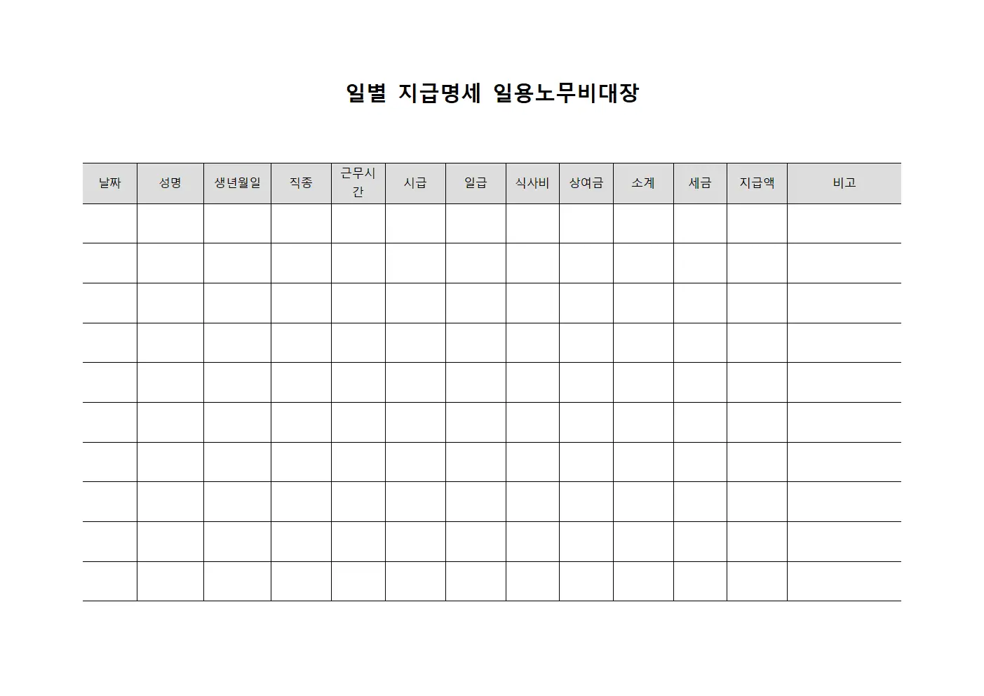 일별 지급명세 일용노무비대장