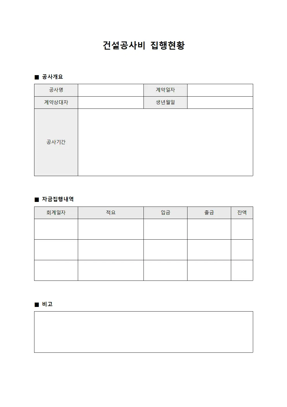 건설공사비 집행현황 템플릿