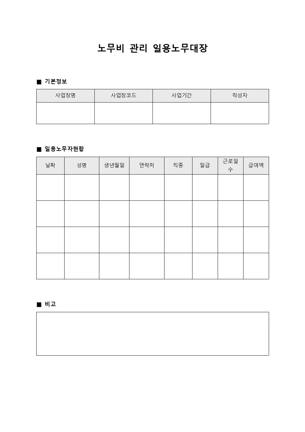 노무비 관리 일용노무대장
