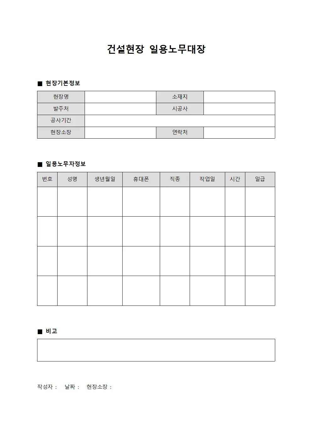 건설현장 일용노무대장