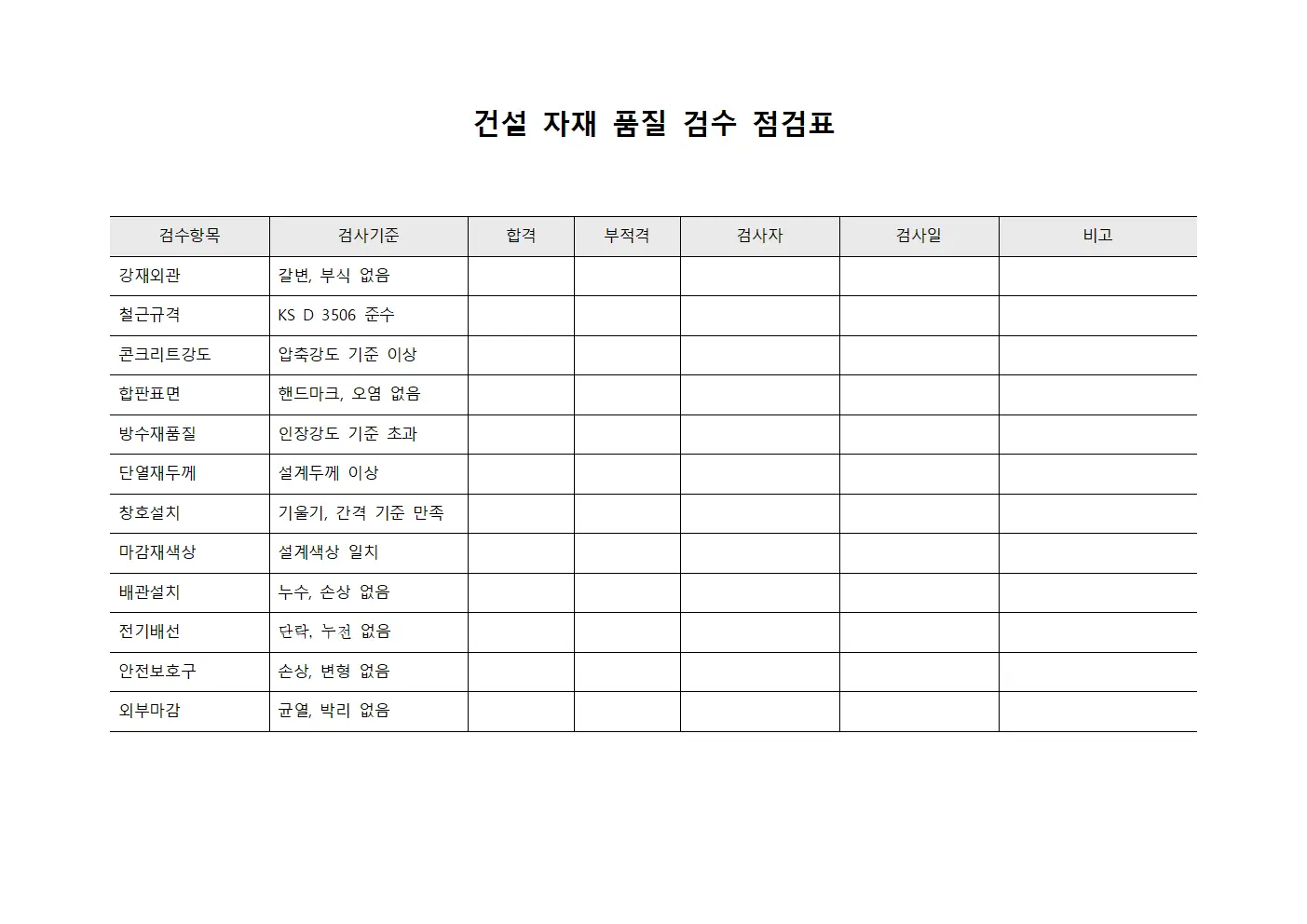 건설 자재 품질 검수 점검표 서식.양식