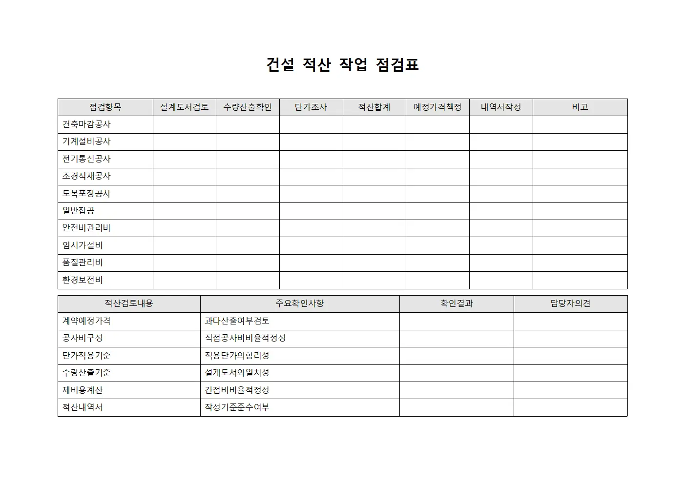 건설 적산 작업 점검표 문서.양식