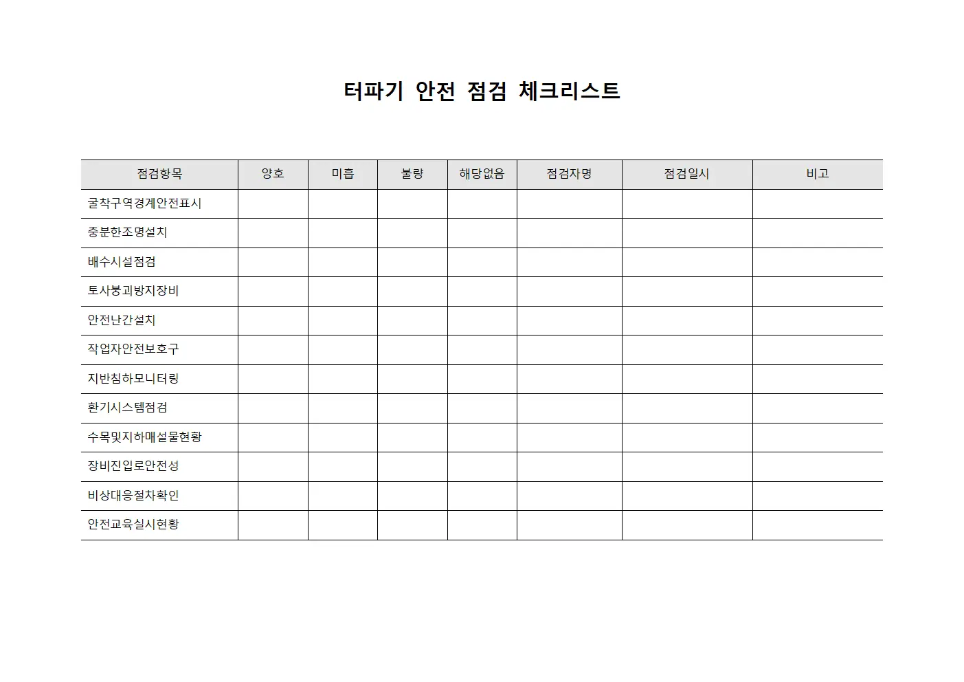 터파기 안전 점검 체크리스트