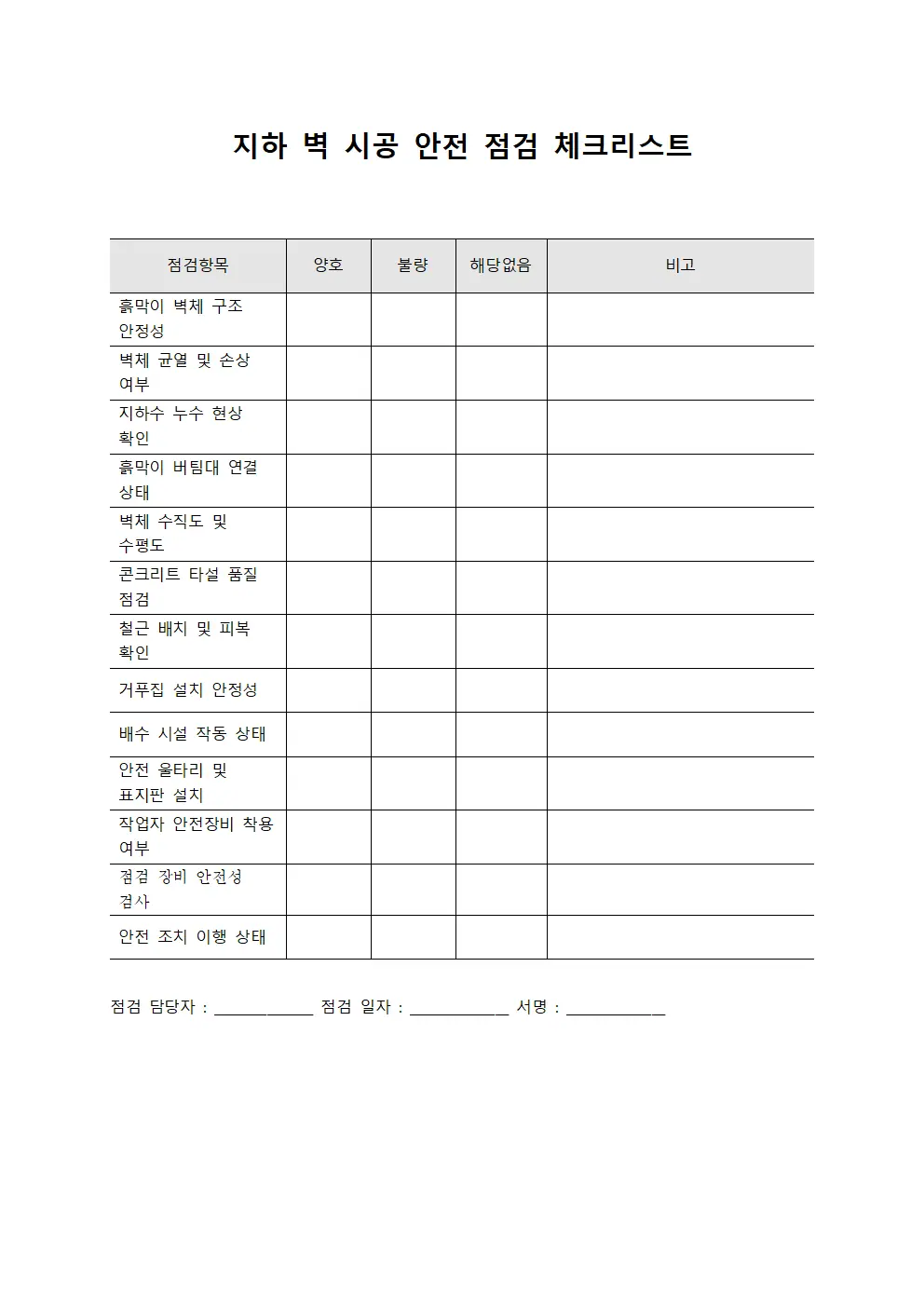 지하 벽 시공 안전 점검 체크리스트 서식
