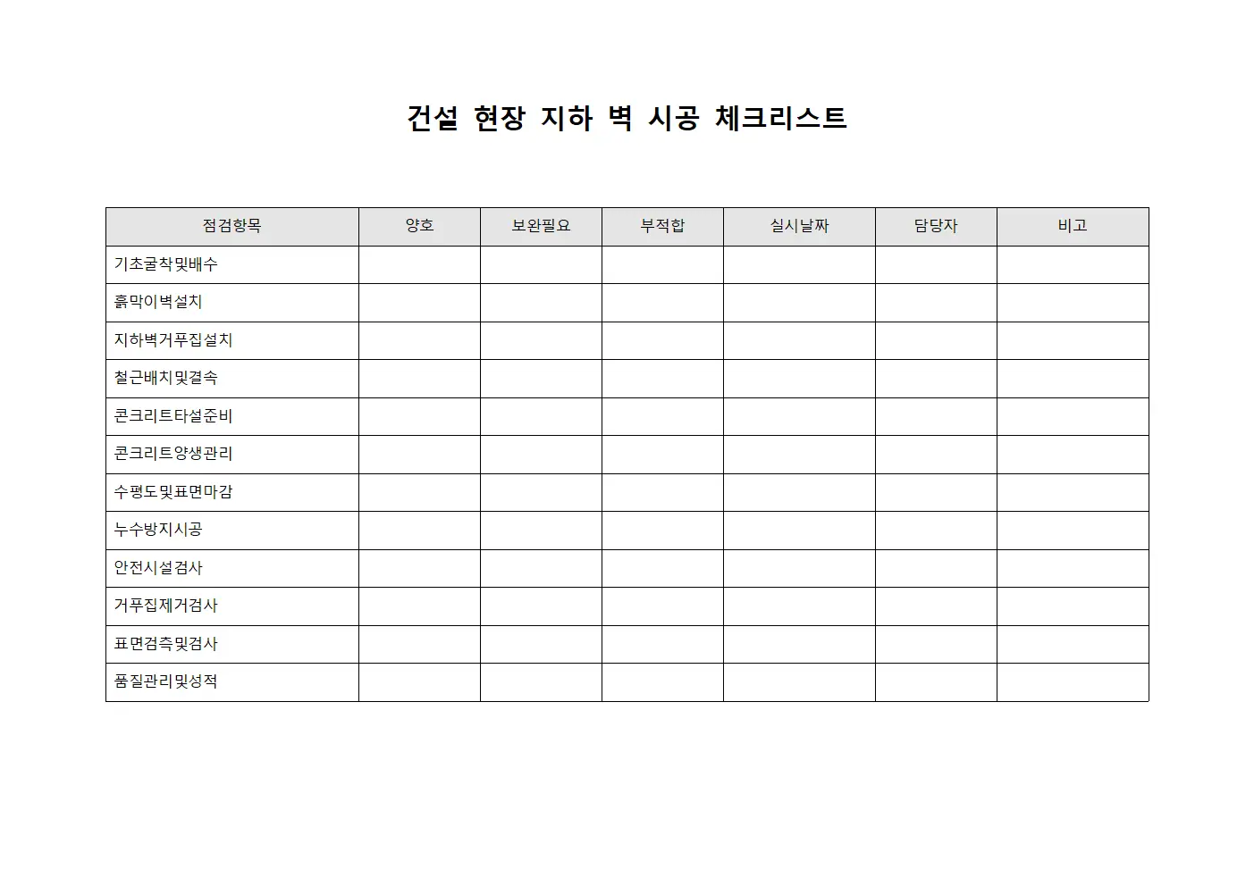 건설 현장 지하 벽 시공 체크리스트 파일서식