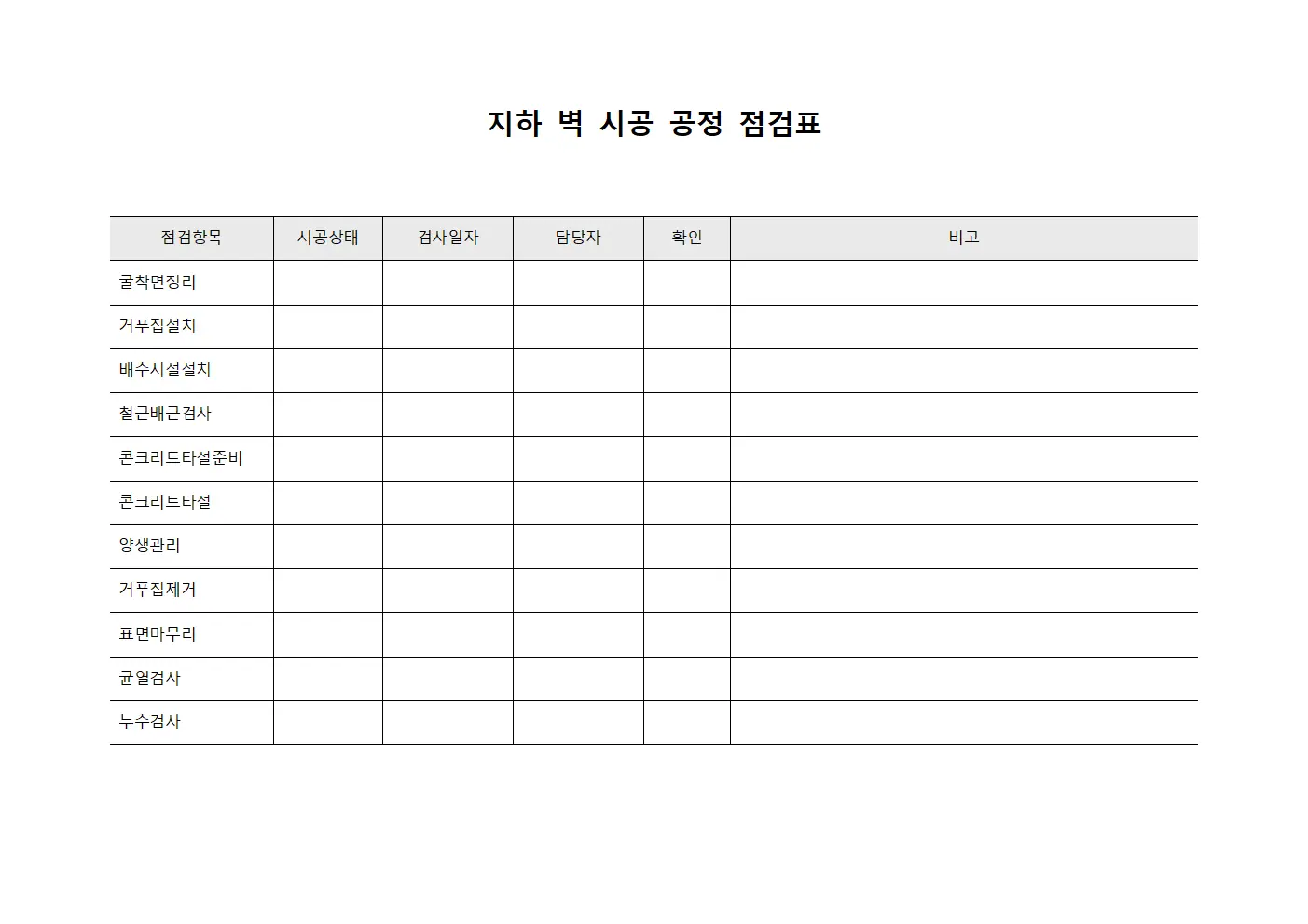 지하 벽 시공 공정 점검표 템플릿 양식