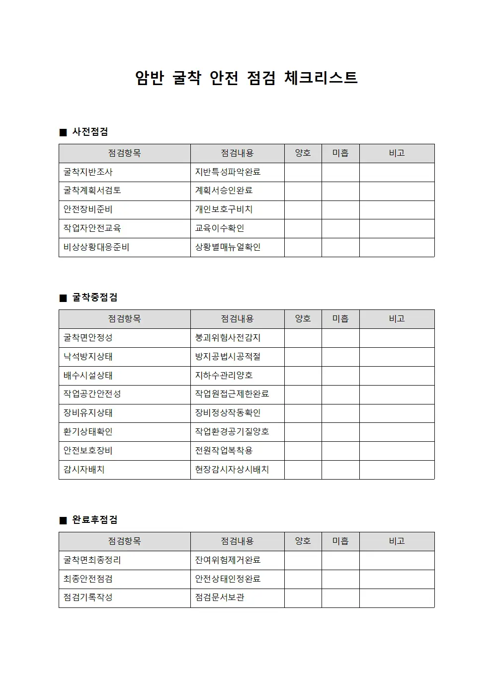 암반 굴착 안전 점검 체크리스트