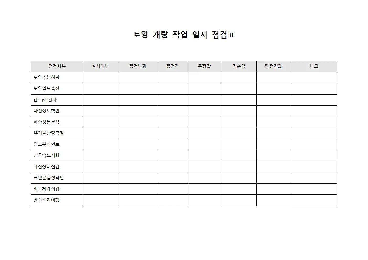 토양 개량 작업 일지 점검표 템플릿 서식