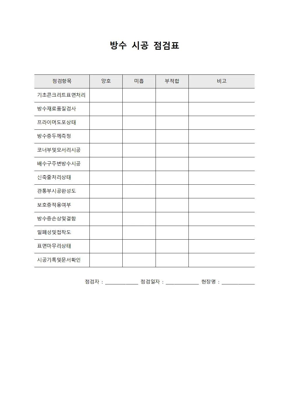 방수 시공 점검표