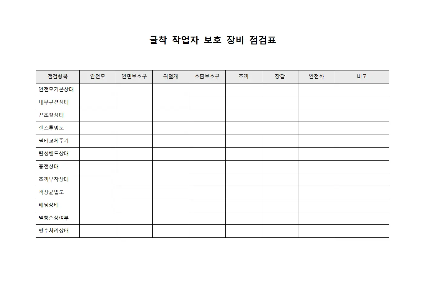 굴착 작업자 보호 장비 점검표