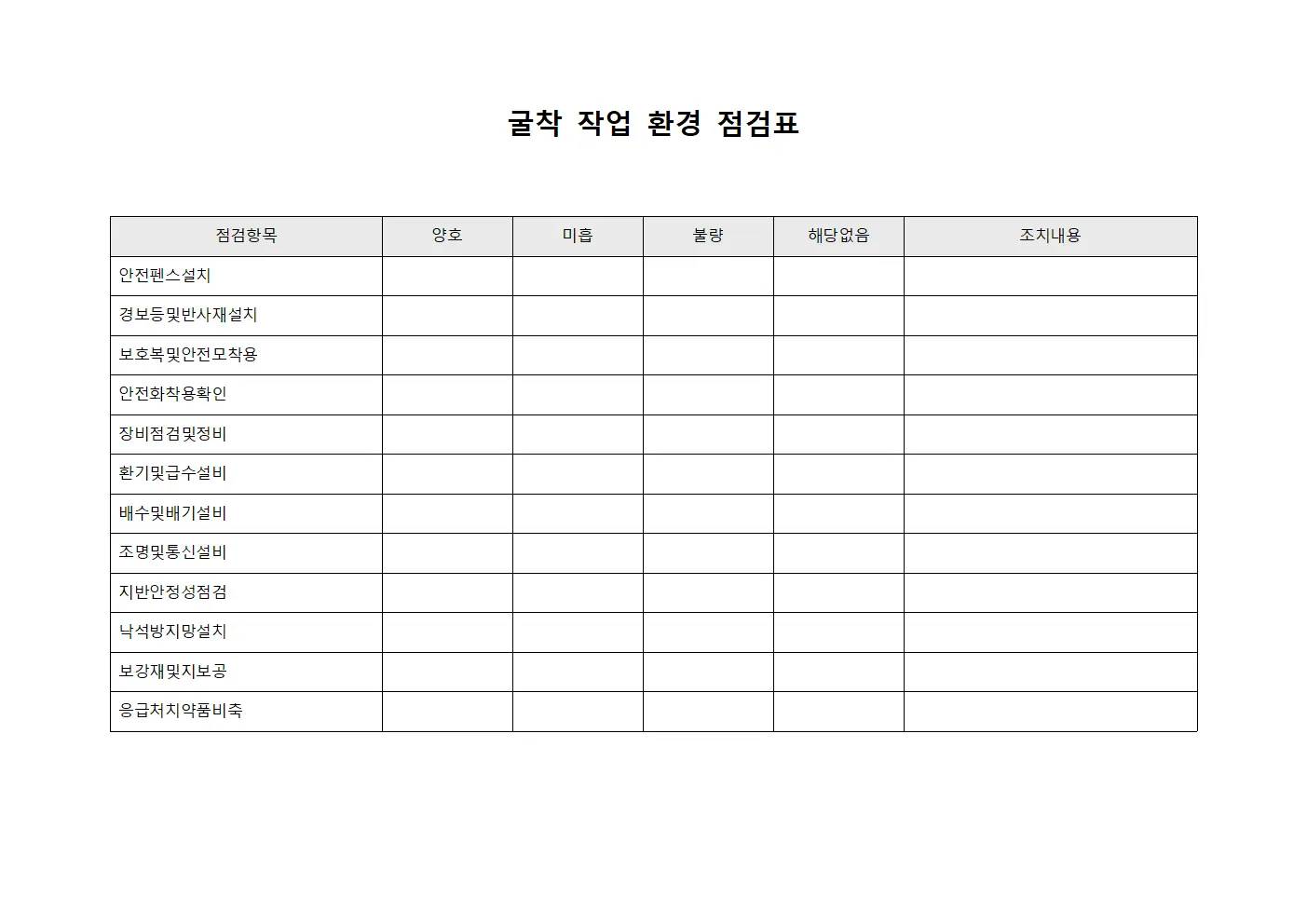 굴착 작업 환경 점검표