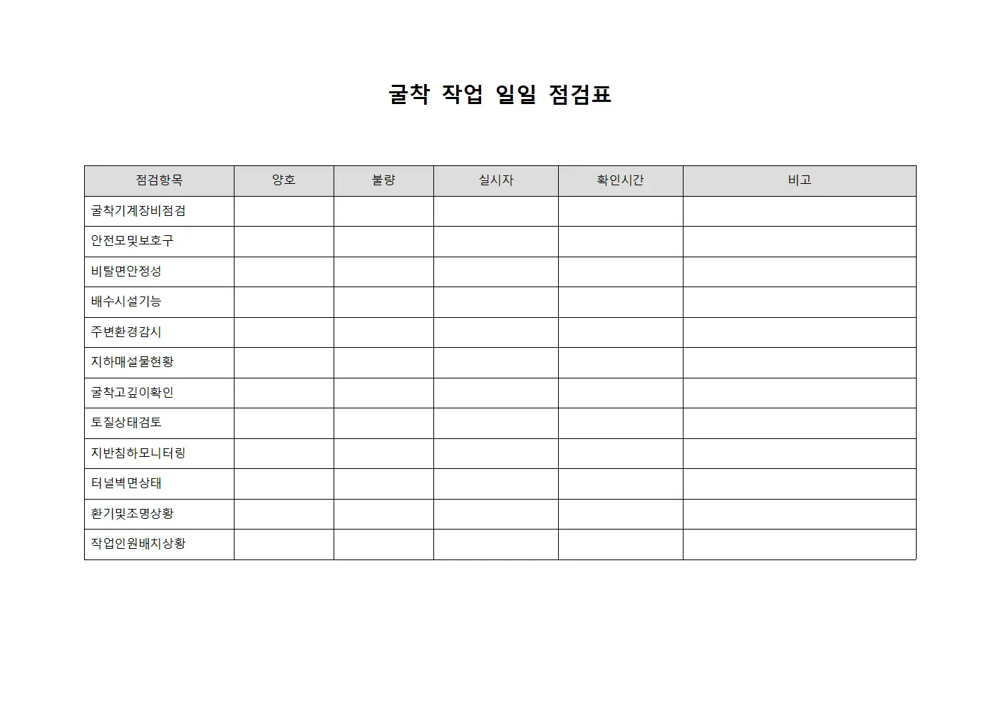 굴착 작업 일일 점검표