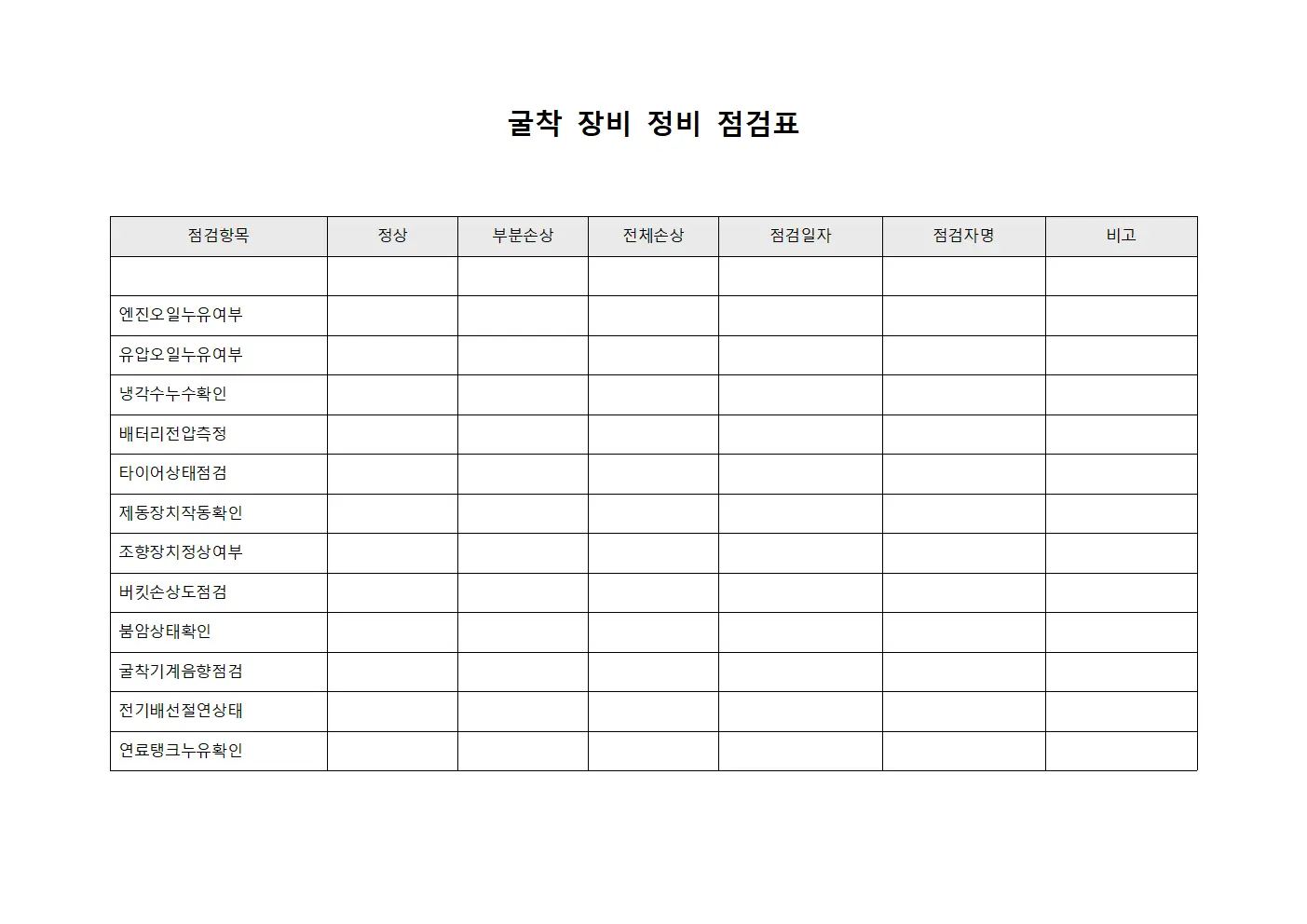 굴착 장비 정비 점검표 서식.양식