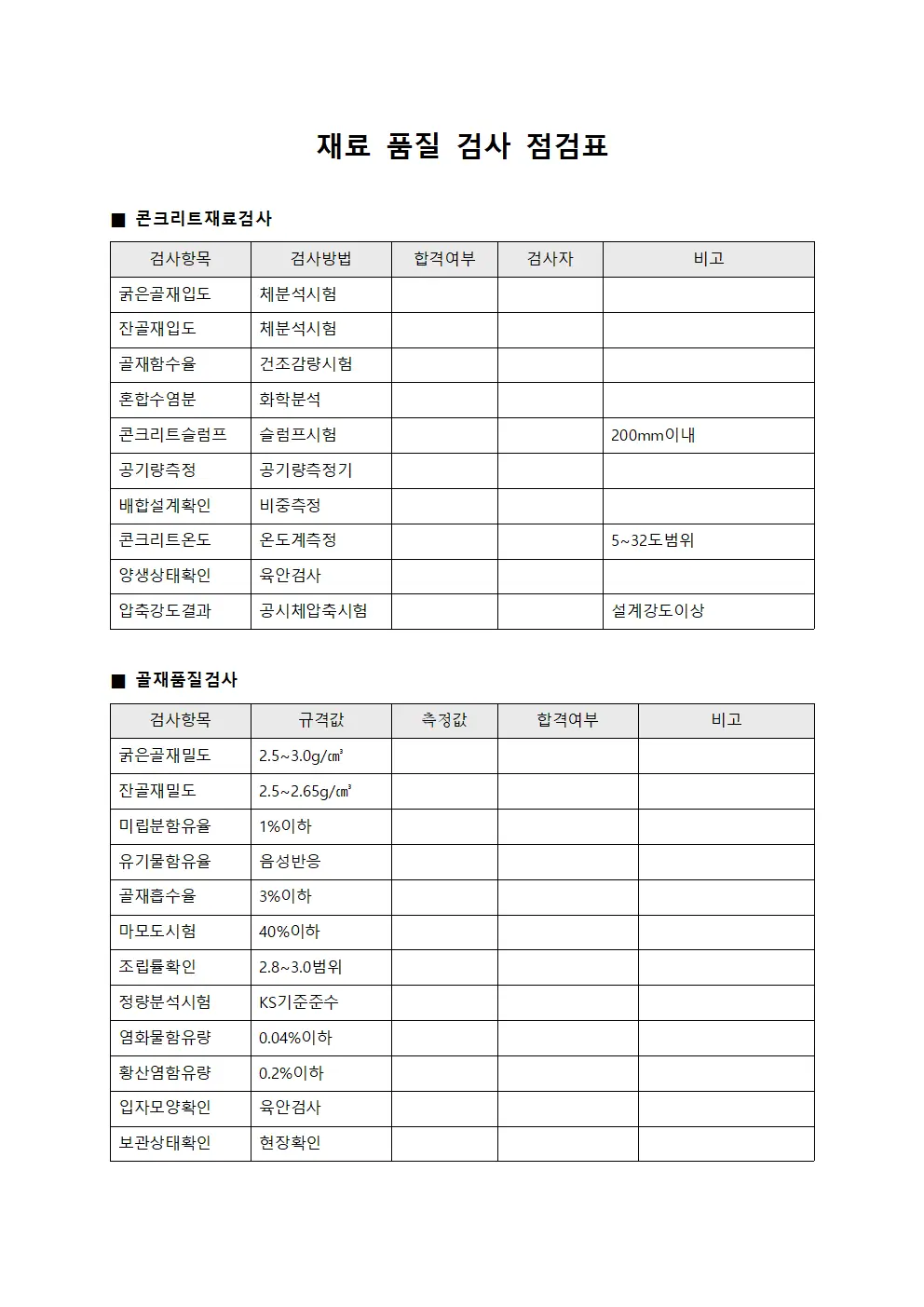 재료 품질 검사 점검표