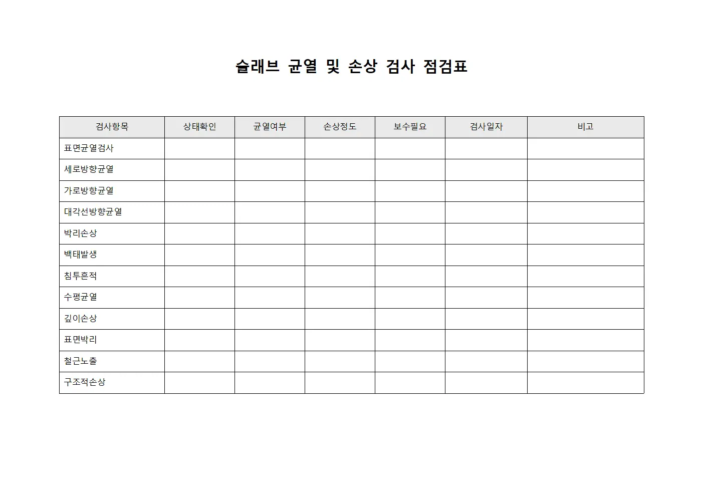 슬래브 균열 및 손상 검사 점검표