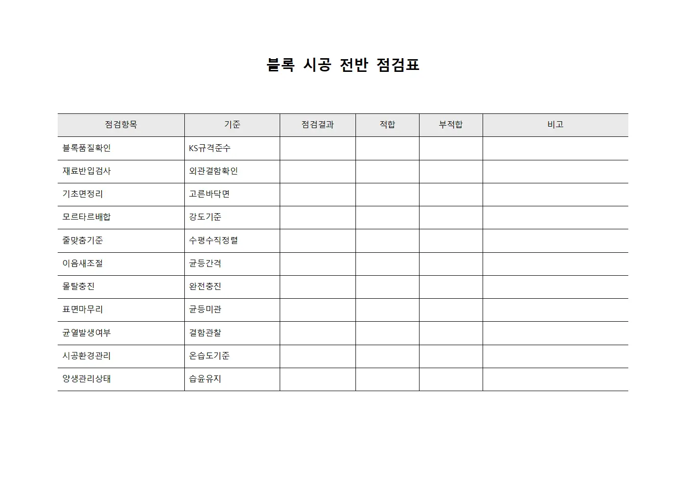 블록 시공 전반 점검표