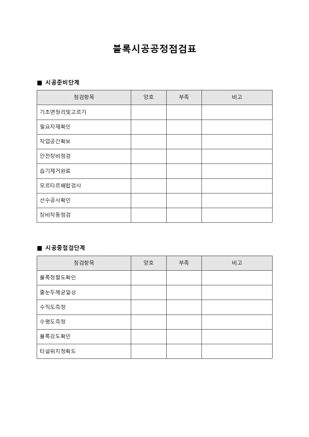 블록시공공정점검표